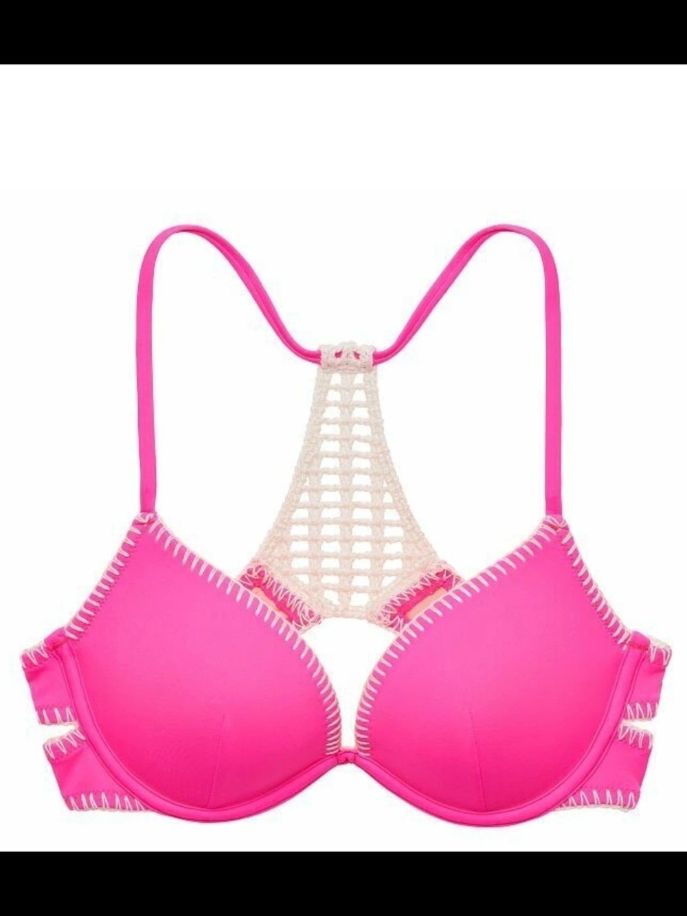 Victoria's Secret Hot Pink Push-Up Bra with Cream Crochet Racerback
